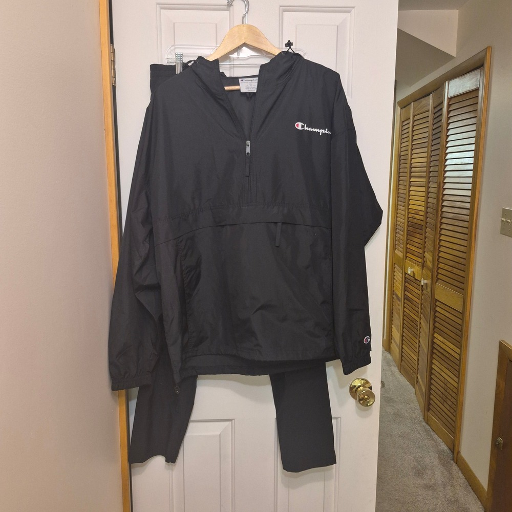 Champion Mens Black Windbreaker Tracksuit 2XL Jacket XL Pants 1/4 Zip Hooded Set